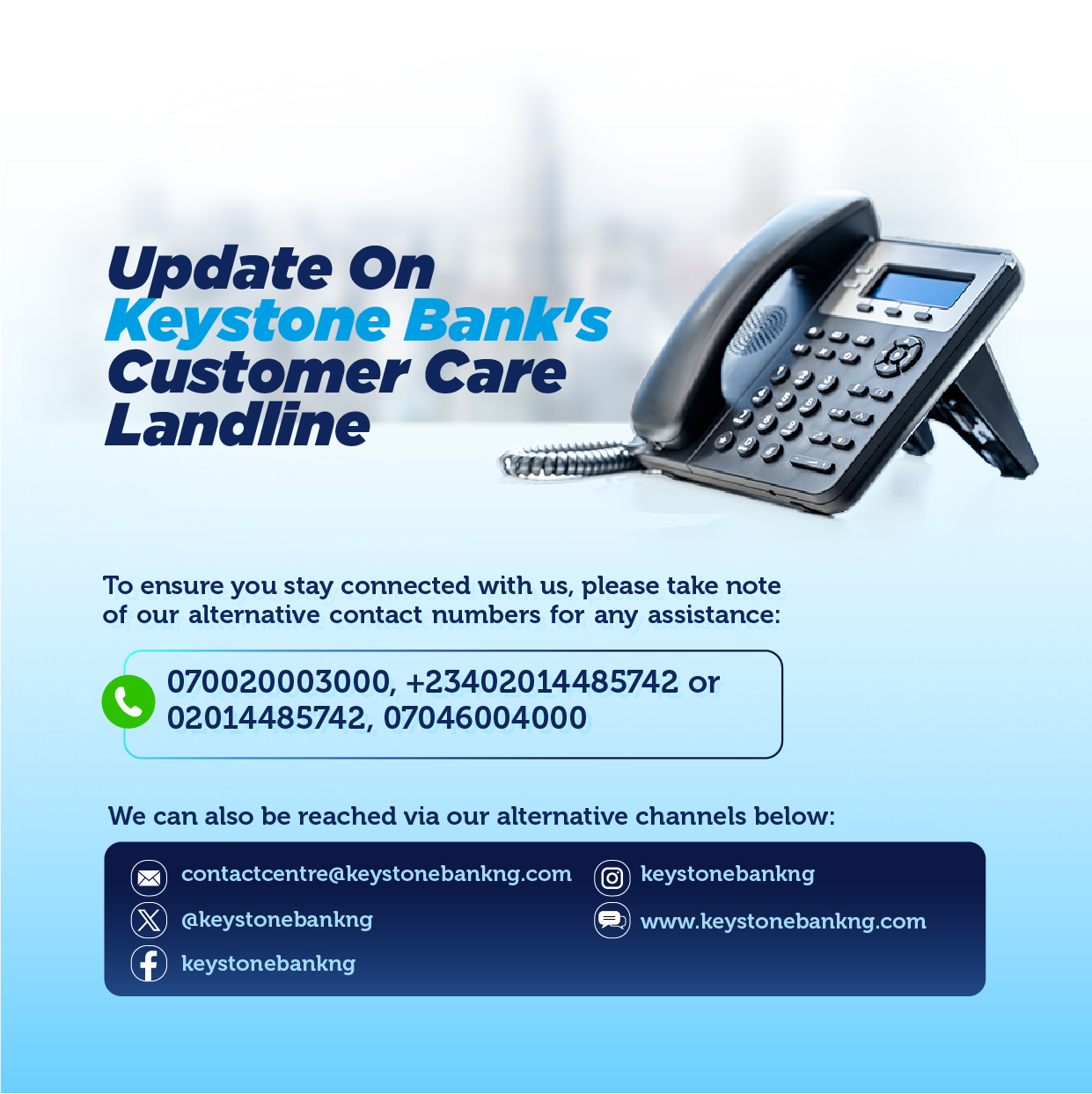 Keystone Bank - We've updated our customer care numbers to... | Facebook