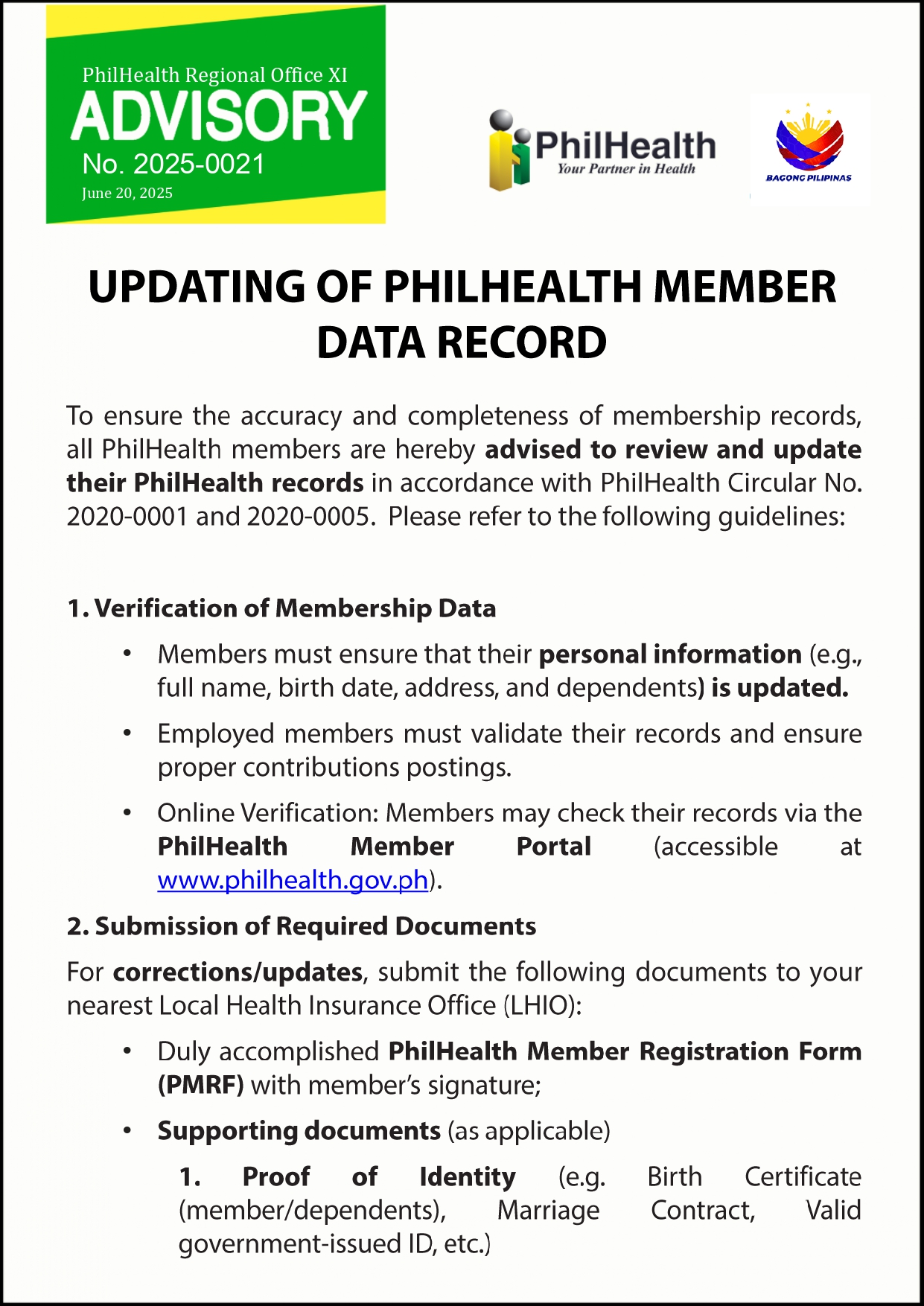 PRO XI Advisory 2025-0021 UPDATING... - PhilHealth Region XI | Facebook