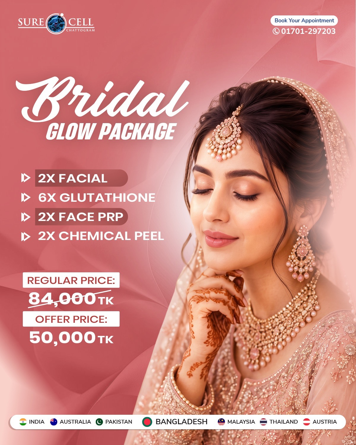𝗕𝗿𝗶𝗱𝗮𝗹 𝗣𝗮𝗰𝗸𝗮𝗴𝗲 𝗜 𝟮𝗫 𝗙𝗮𝗰𝗶𝗮𝗹 𝗜 𝟲𝗫 𝗚𝗹𝘂𝘁𝗮𝘁𝗵𝗶𝗼𝗻𝗲 𝗜 𝟮𝗫 𝗙𝗮𝗰𝗲 𝗣𝗥𝗣 𝗜 𝟮𝗫 𝗖𝗵𝗲𝗺𝗶𝗰𝗮𝗹 𝗣𝗲𝗲𝗹 Get ready for your big day with Surecell Chattogram's exclusive Bridal Package for just BDT 50,000!