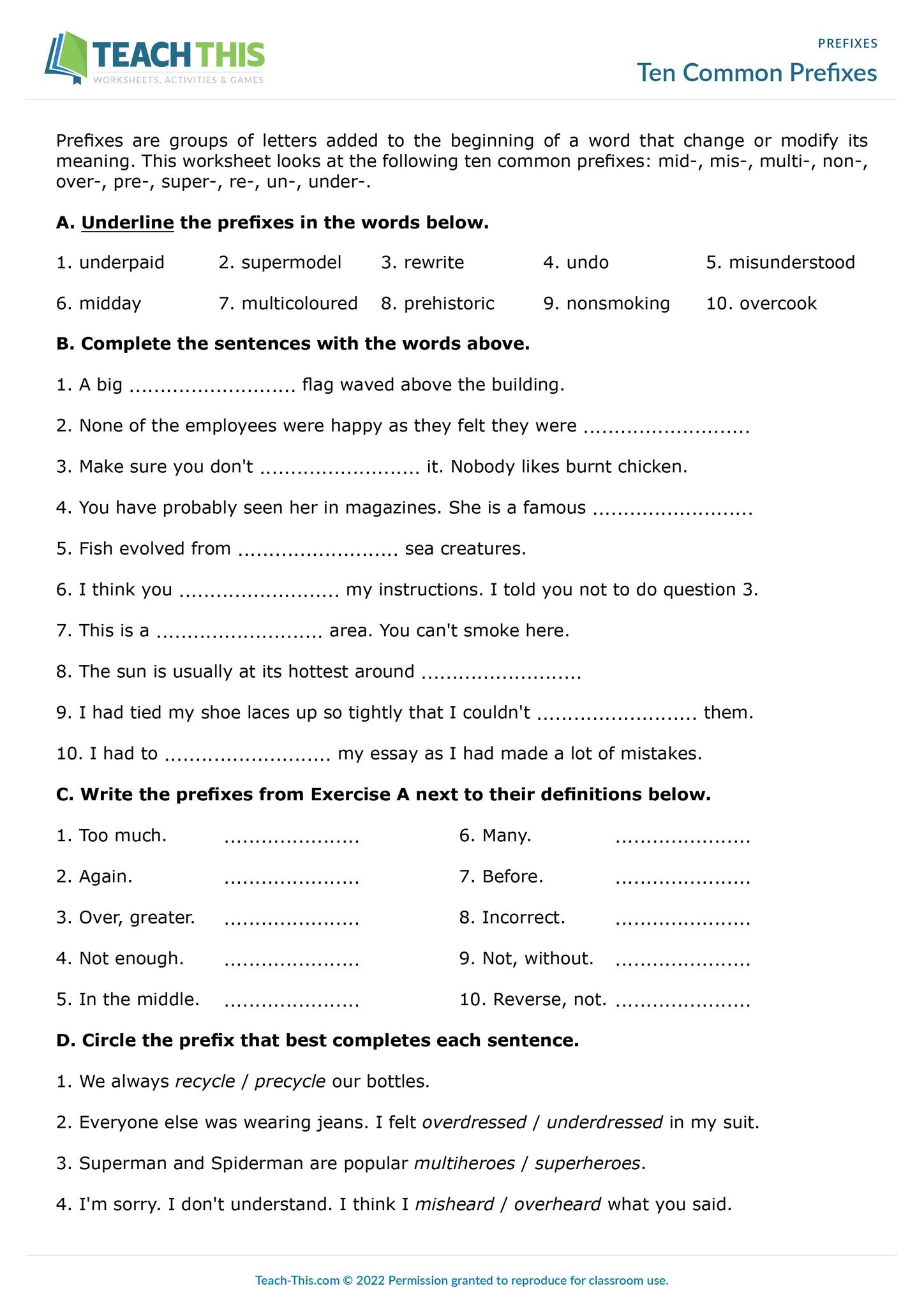 Teach-This.com - Ten Common Prefixes ESL Prefixes Worksheet ...