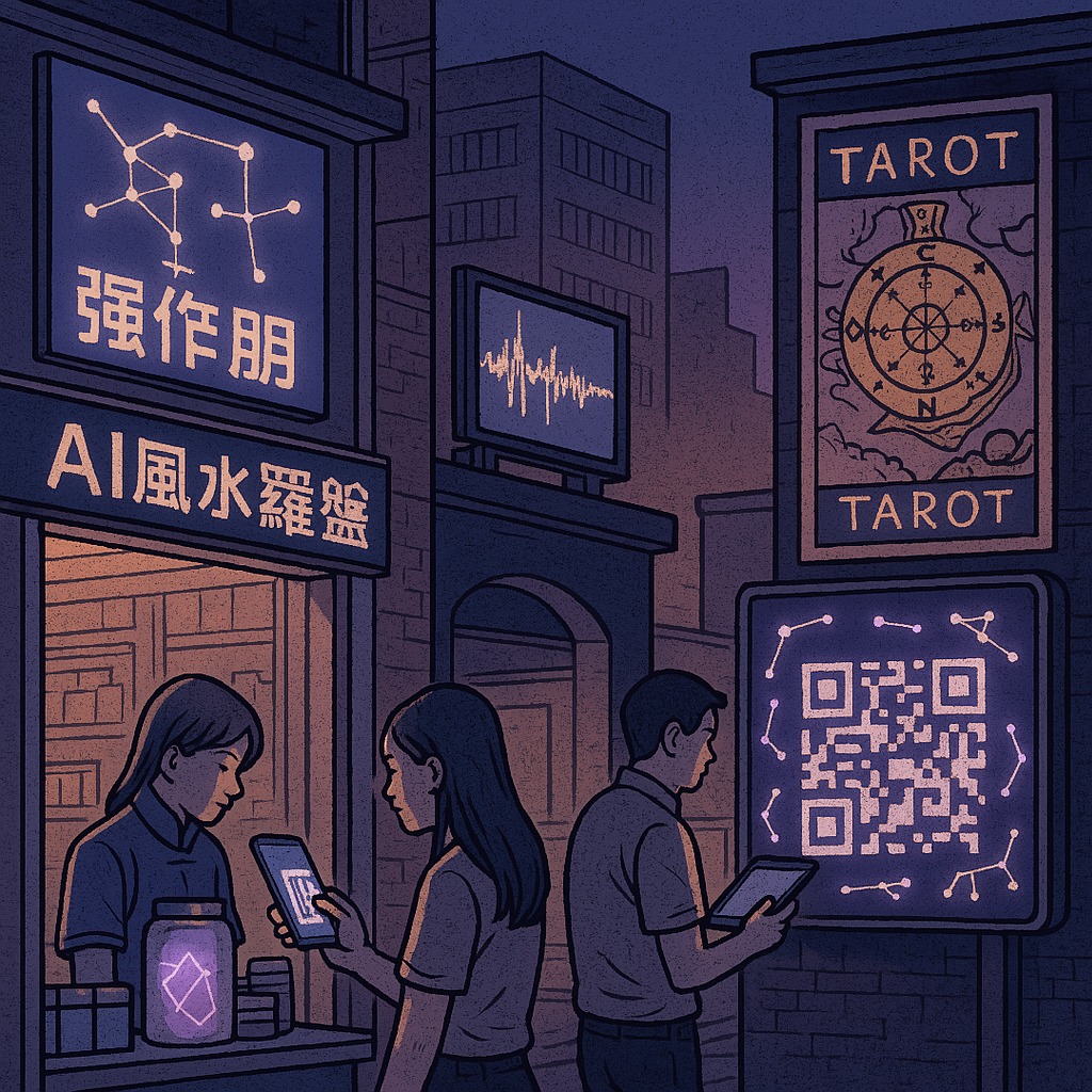 PJ（P仔樂園）《P.Ark - 數據迷霧中的星圖：當代人的虛擬先知症候群 便利店的電子屏幕跳動著「網絡預言家最新警示」，顧客掃碼購買能量水晶 ...