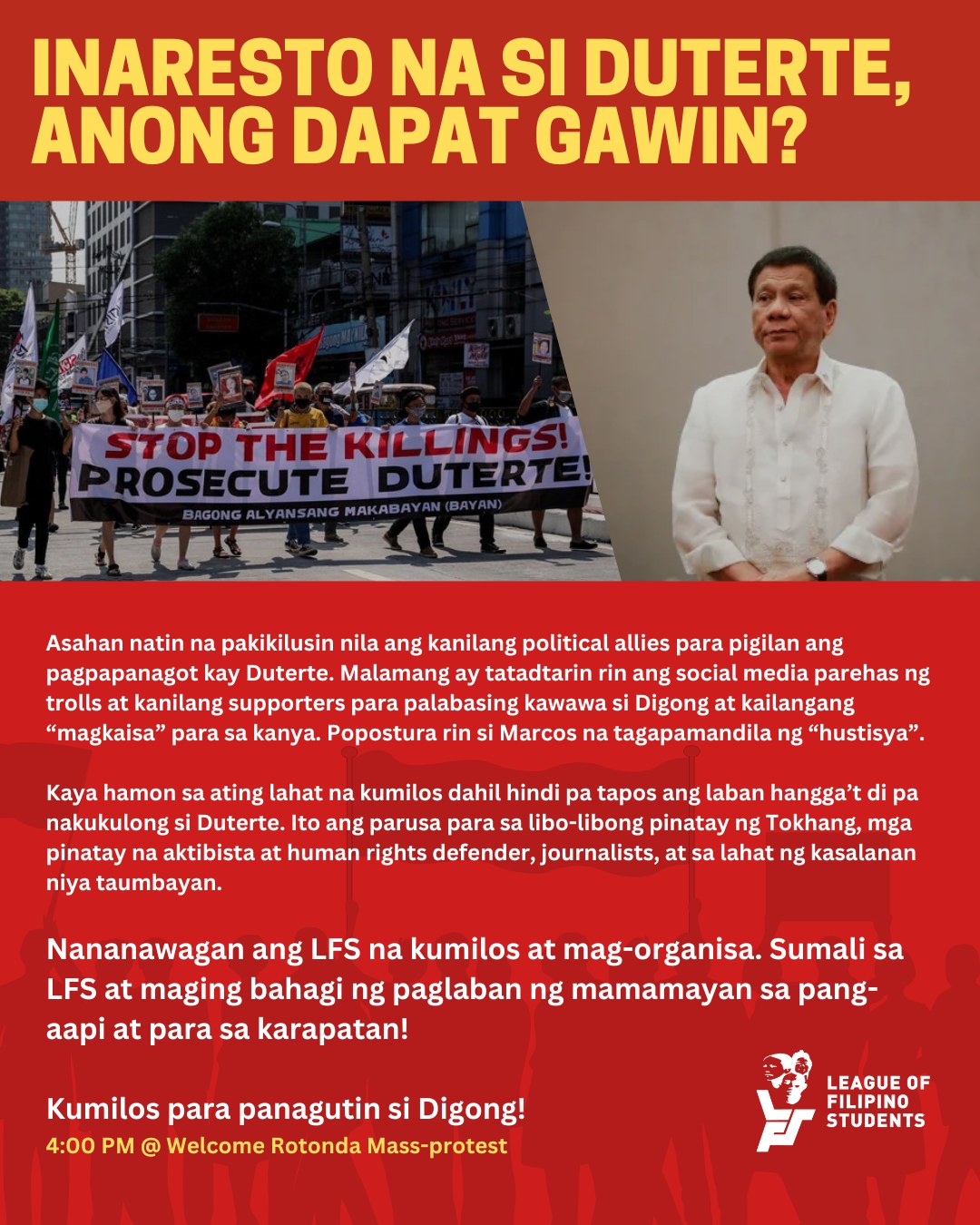 INARESTO NA DUTERTE, ANONG... - League of Filipino Students | Facebook