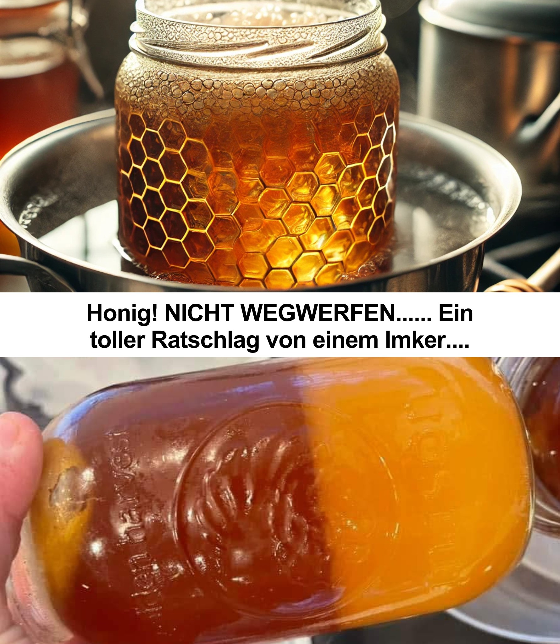 Honig! NICHT WEGWERFEN...... Ein toller Ratschlag von einem Imker.... Ab und zu beschwert sich jemand, dass ein Glas Honig im Schrank schlecht geworden sei, dabei wird Honig niemals schlecht! Er sieht