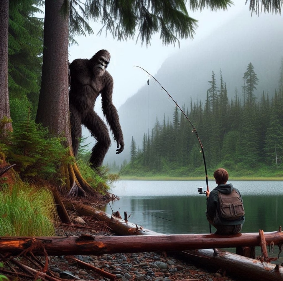 bigfoot walking with fishing pole Svg, Bigfoot Svg, Bigfoot Funny Svg, Fishing Svg Painted Black Bigfoot Fishing in Water: Dynamic