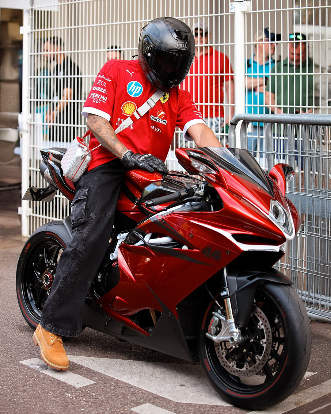 Lewis Hamilton arrives at Monaco GP on MV Agusta F4 LH44