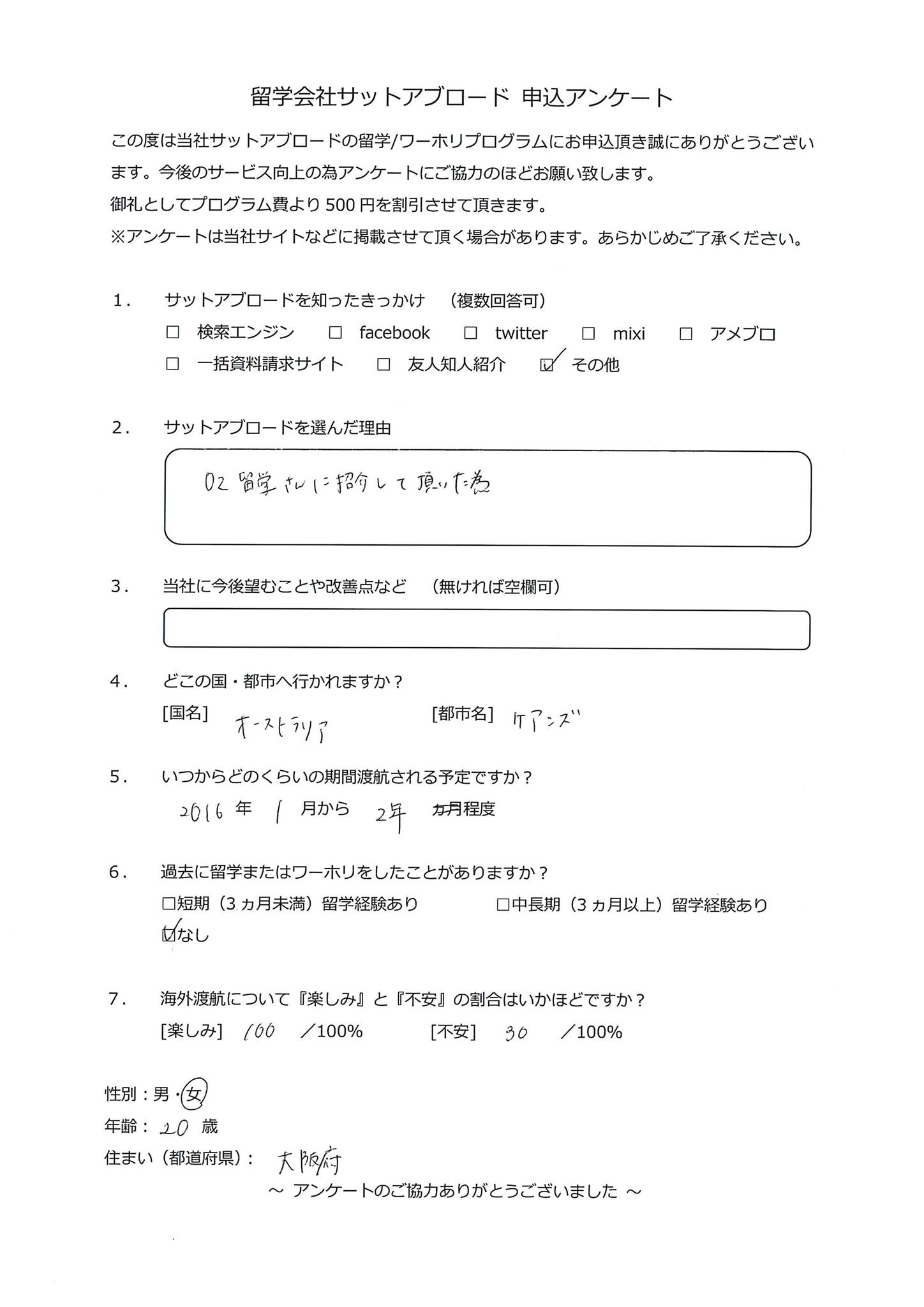 留学 ワーホリ ゼロホリならサット オーストラリアケアンズへワーキングホリデーで行かれる方からのアンケートです どんな一年になるか楽しみですね Facebook