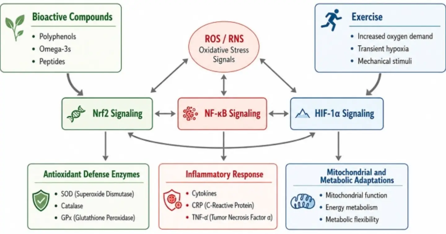glutathione peroxidase increased with exercise 📝🖥️ READ DESCRIBTION BELOW Conceptual schematic framework illustrating hypothesized and partially evidence-supported interactions among exercise-induced signals, bioactive compounds, redox-sensitive signaling pathways, and downstream adaptive Why GLOW Works for