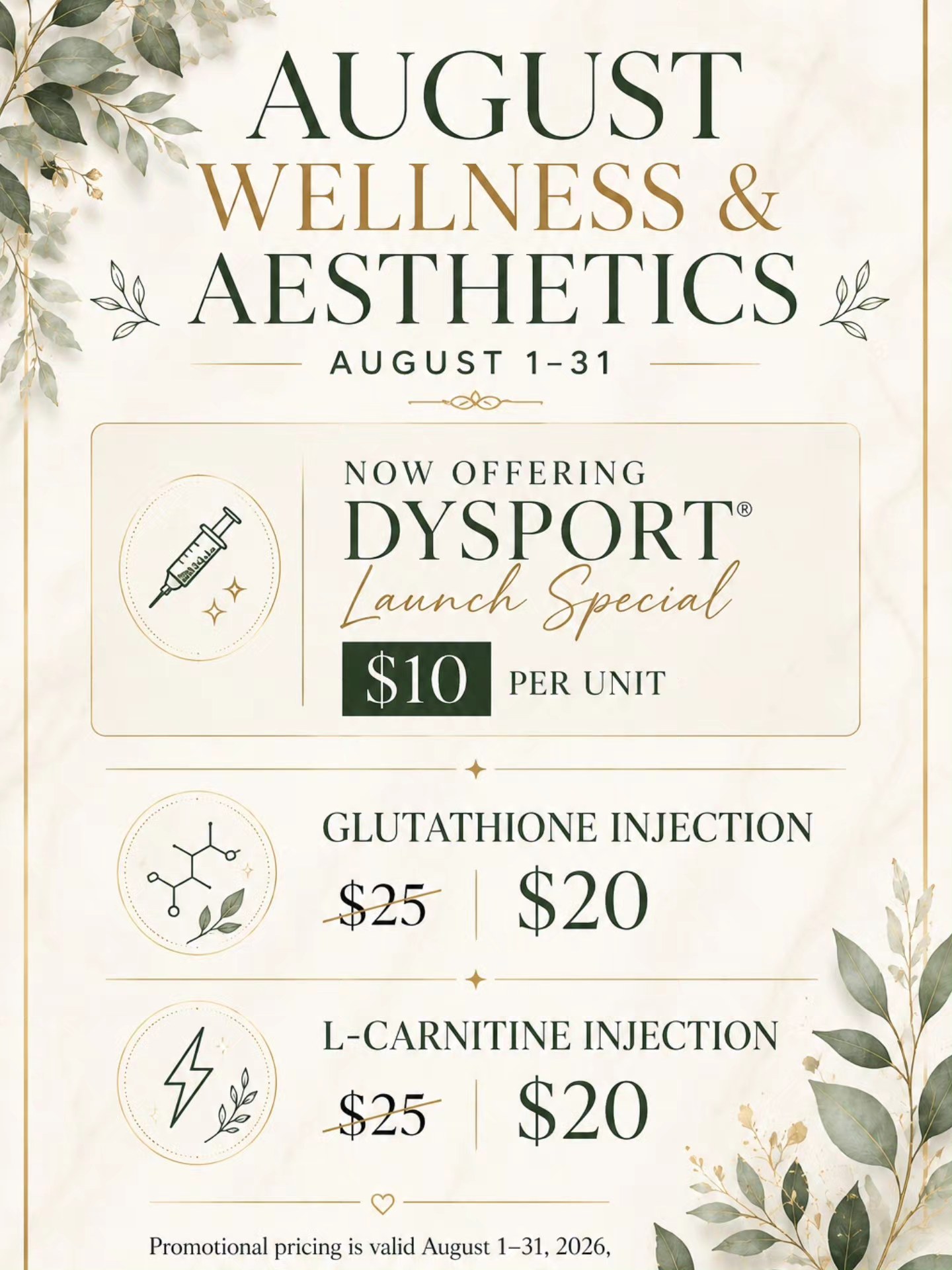 glutathione with l carnitine injection ✨ Hello, August! ✨ A new month means new opportunities to invest in yourself. 💚 We're celebrating August exclusive specials at New Image Aesthetics & Wellness: 💉 NEW Dysport Launch Special كريم يفتح التصبغات