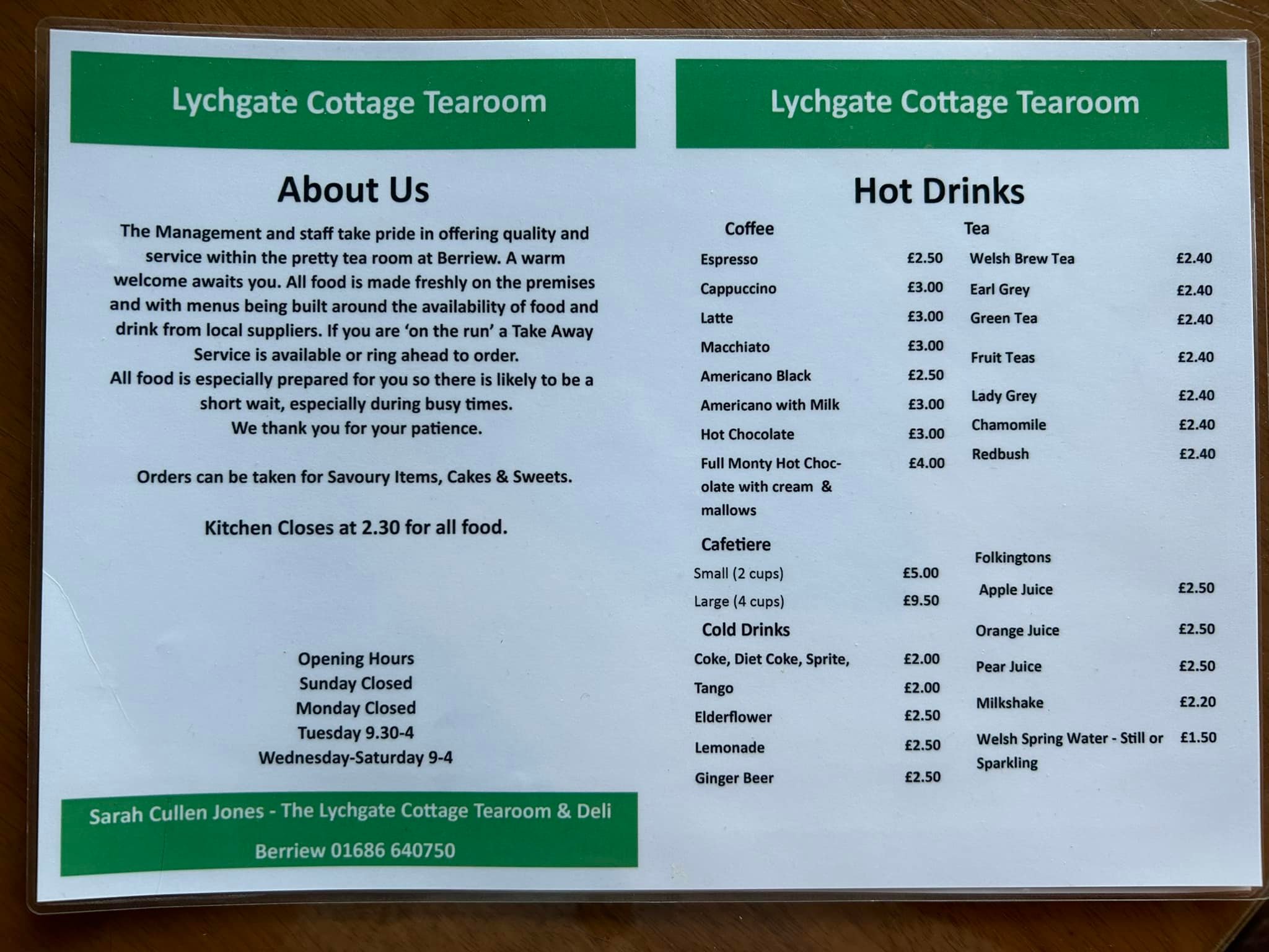 Updated tea room price list