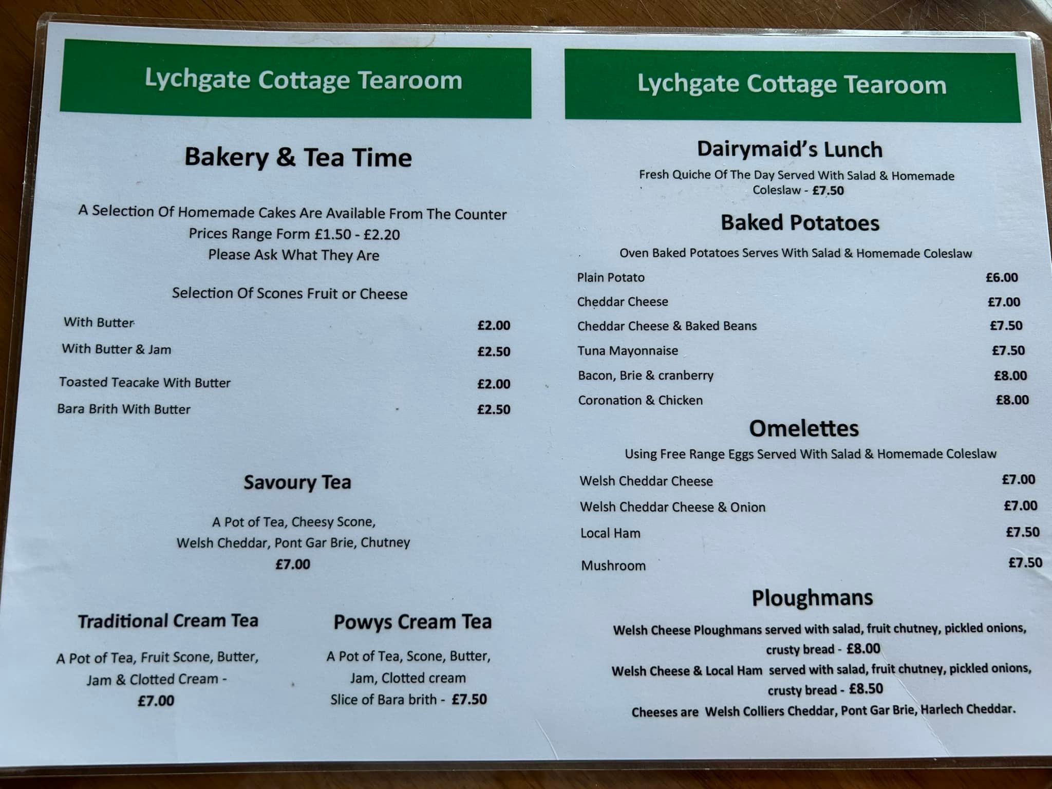 Updated tea room price list