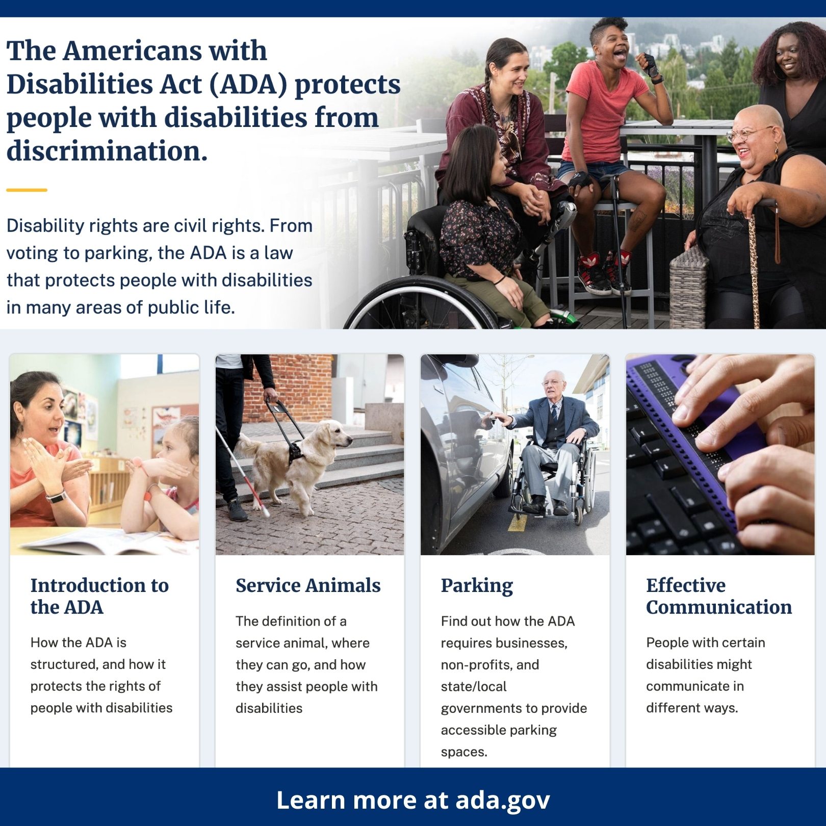 Social share card for the ADA.gov guidance on first steps for state and local governments to comply with the ADA Title II web and mobile app accessibility rule.