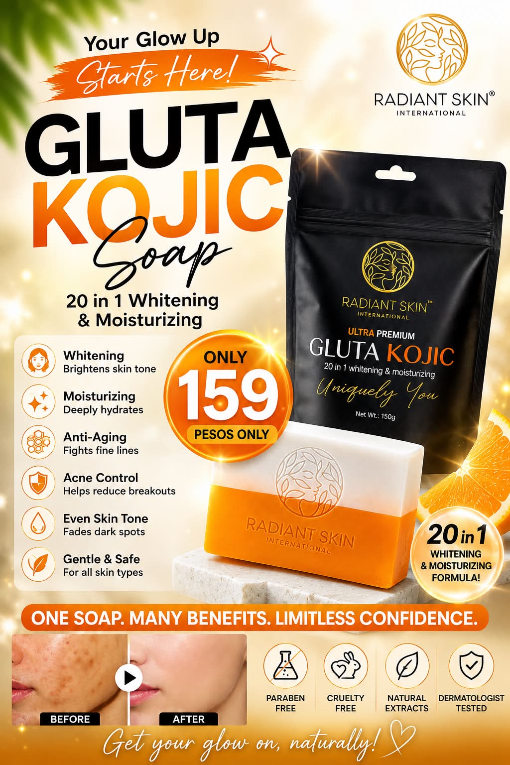 ✨ Good news, beauties! ✨ Our Ultra Premium Gluta Kojic Soap 150g is now ₱159 only! 🎉 We wanted to make it easier for everyone to this Christmas to enjoy radiant, glowing