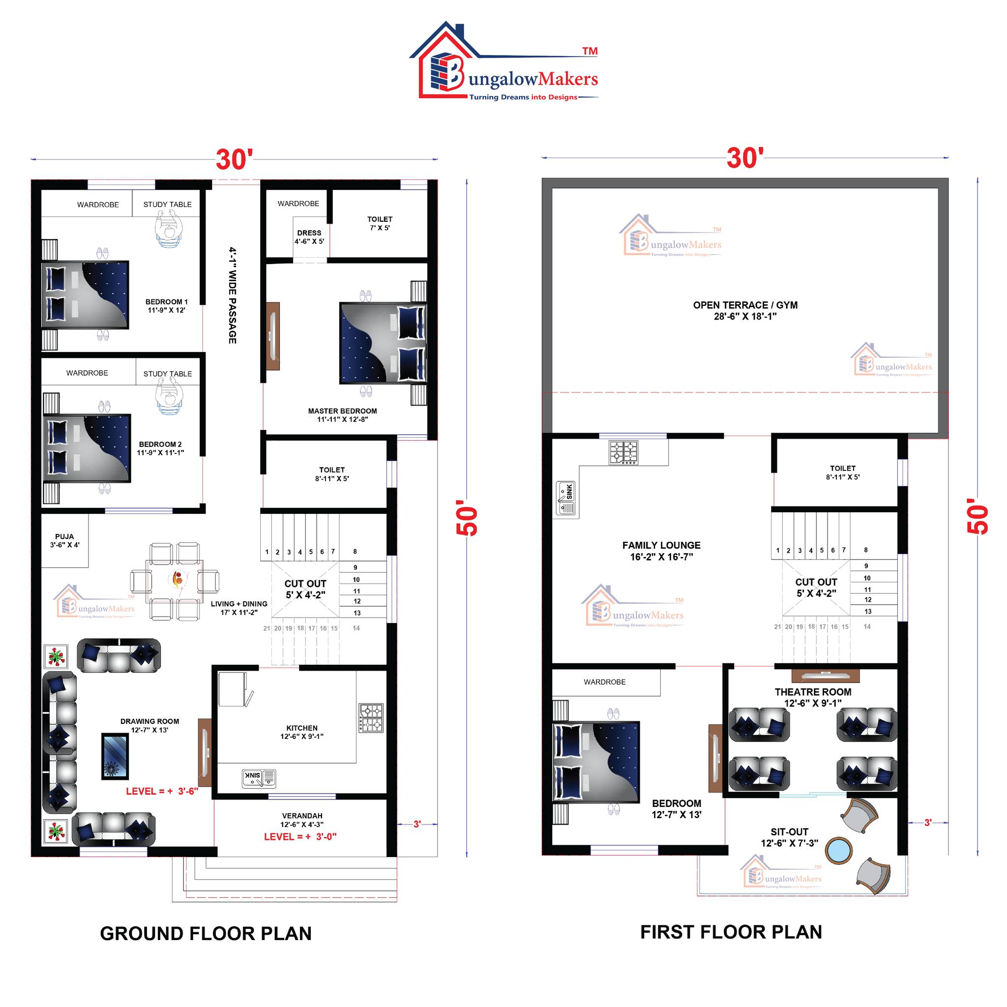 Explore this well-planned 30x50 duplex layout, designed for modern living. Plot Size:- 30 x 50 Total Build-Up Area:- 3000 sqft. Call us at +917880088716 for expert construction services! #FloorPlan #HomeDesign #DuplexHome #IndianArchitecture #