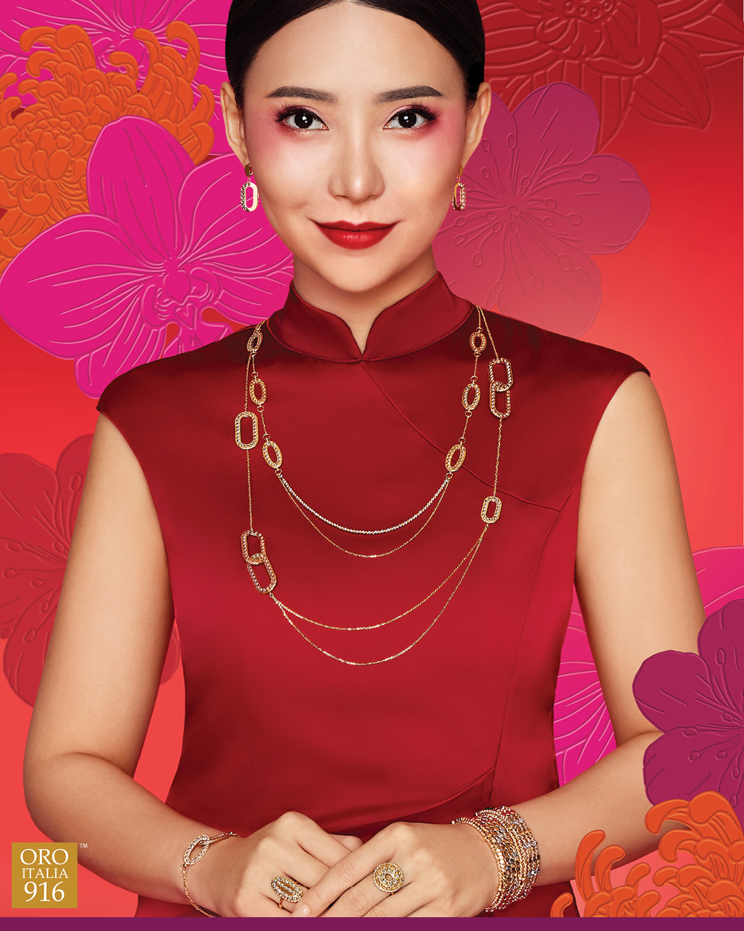 gold jewelry with red dress Radiant in and gold, Venice Min stuns in a timeless cheongsam, perfectly paired Oro Italia 916 jewellery. From elegant necklaces to bangles and earrings, this exquisite set will make how to accessorize a red dress for a wedding