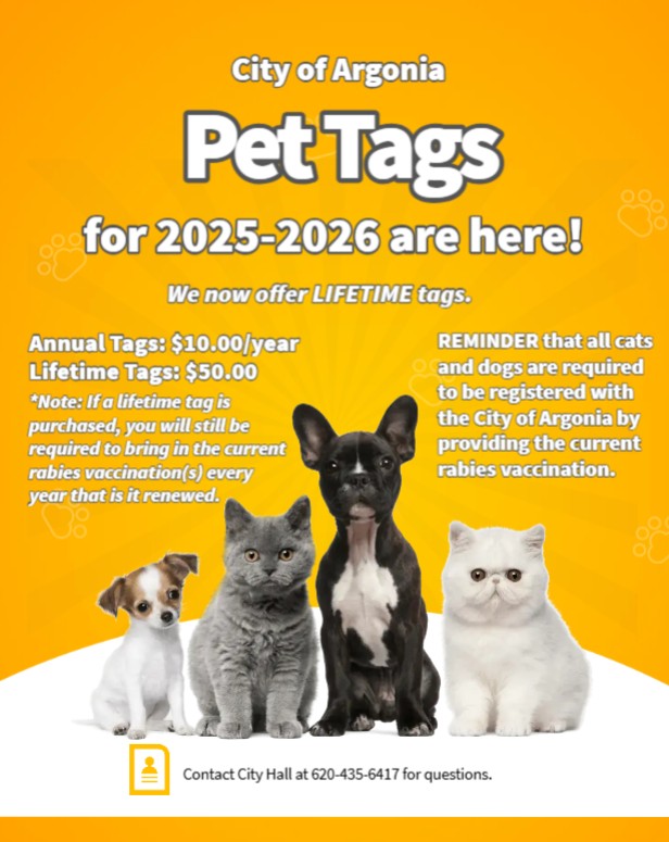 City of Argonia - Cat and dog tags are in for 2025-2026 year. Be sure ...