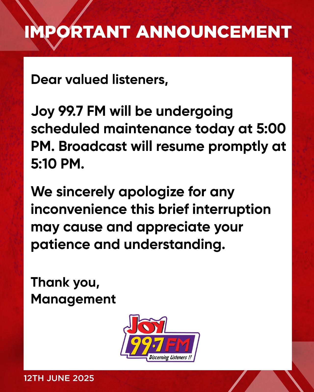 JoyNews - 📢 Important Notice Joy 99.7 FM will undergo a brief ...