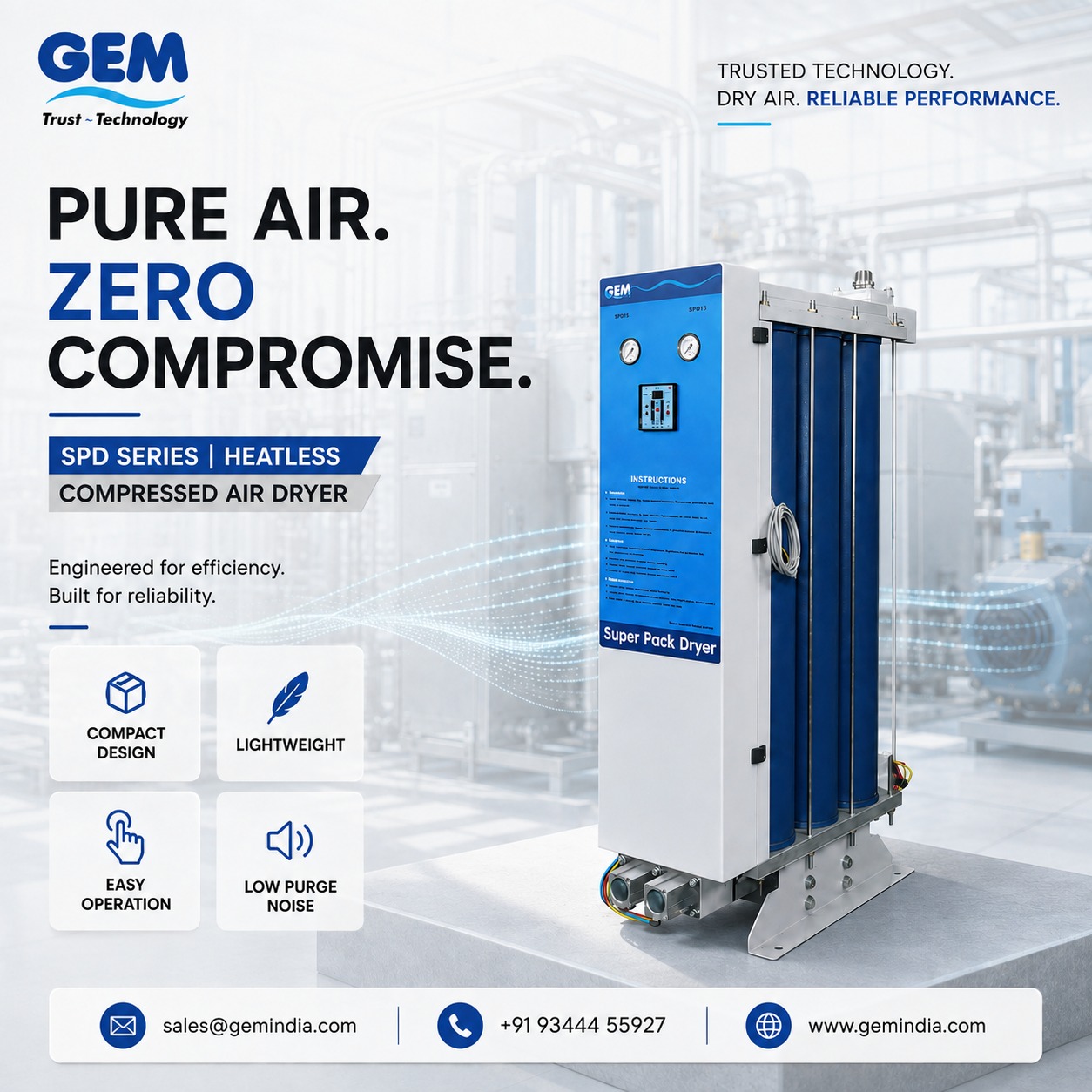 Gem Series Heatless Compressed Air Dryer for Industrial Operations