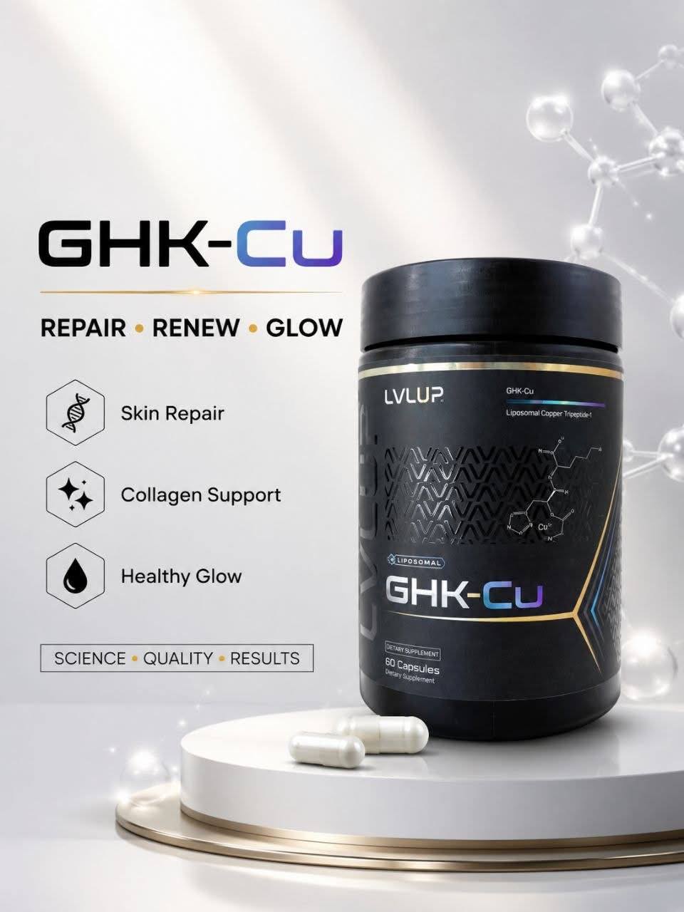 lvlup ghk cu 🇺🇸 LVLUPHEALTH GHK-Cu — Repair • Renew • Glow Copper Peptide សម្រាប់គាំទ្រសុខភាពស្បែក និងការស្តារជាលិកាពីខាងក្នុង។ 💙 គាំទ្រ Collagen Synthesis 💙 គាំទ្រ Cellular & Tissue Repair novedades Dosage:10ml Nutricost Glutathione Capsules 500mg,