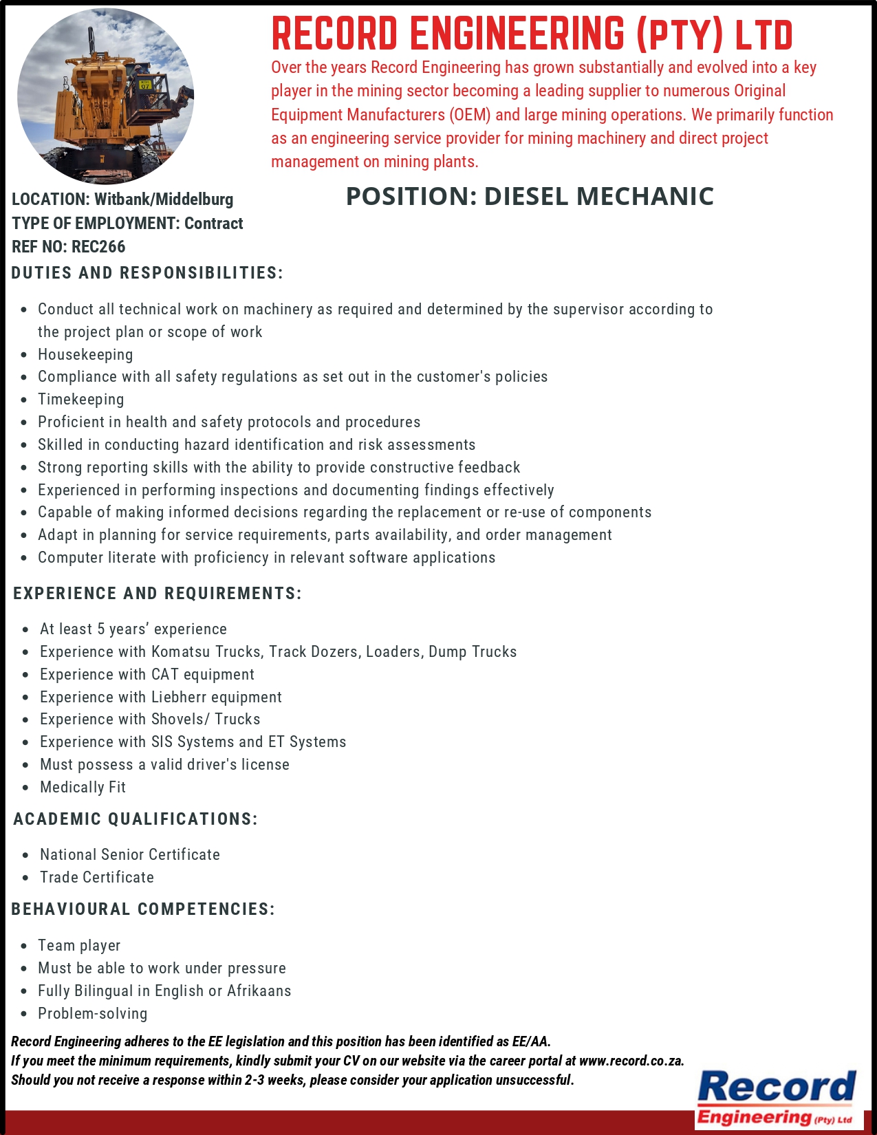 Record Engineering Vacancies | Kathu