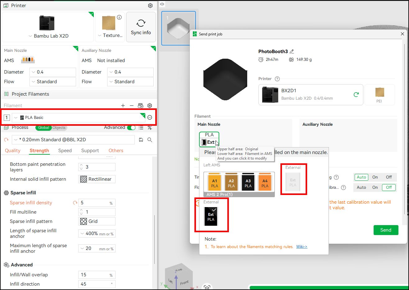 Why does Bambu Studio show incorrect nozzle selection for print job?