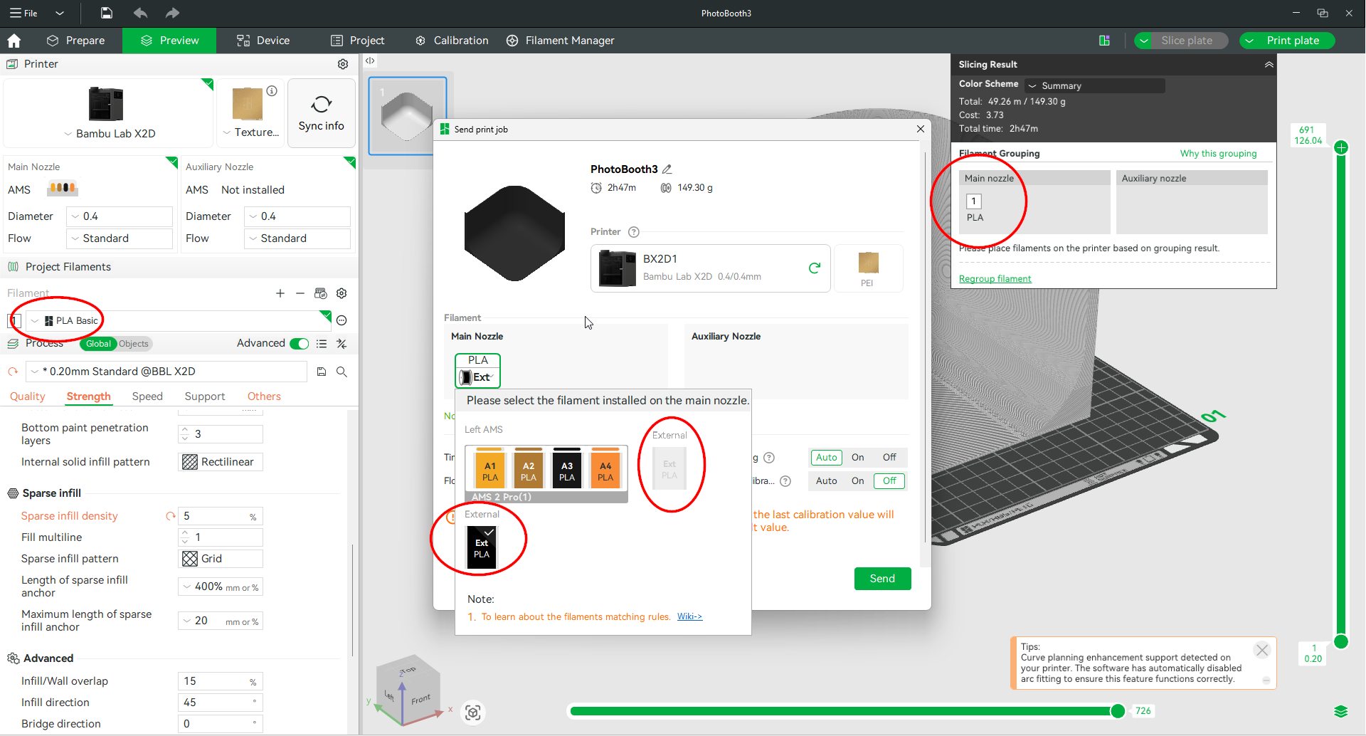 Why is Bambu Studio showing incorrect external nozzle selection?