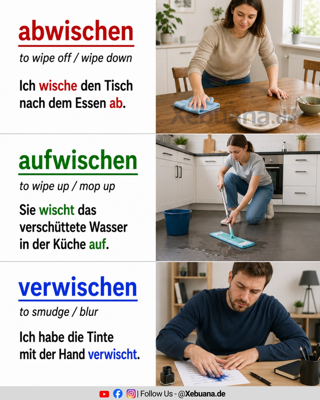 🇩🇪 abwischen vs. aufwischen vs. verwischen 🇩🇪 Main difference: abwischen = to wipe off / wipe clean aufwischen = to wipe up / mop up spilled liquid verwischen = to smudge / blur / make unclear ✓ abw