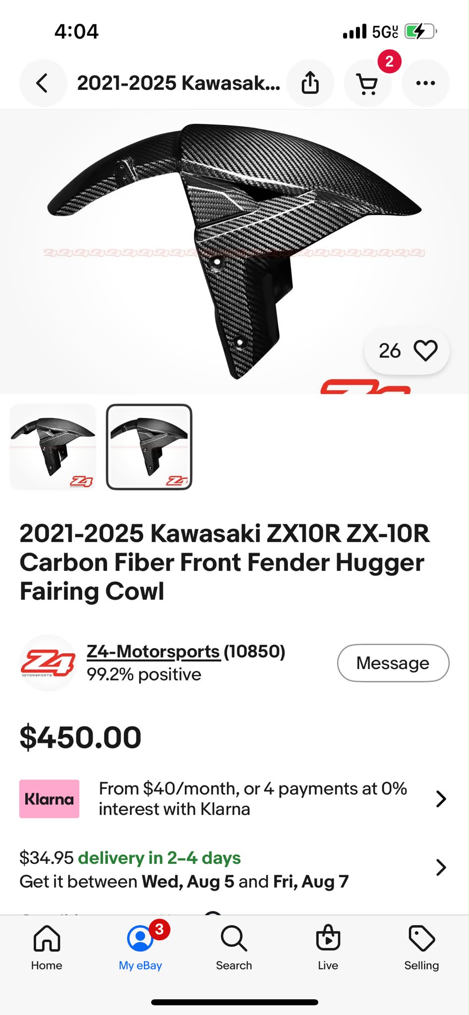 2021-2025 Kawasaki ZX-10R Carbon Fiber Front Fender for sale