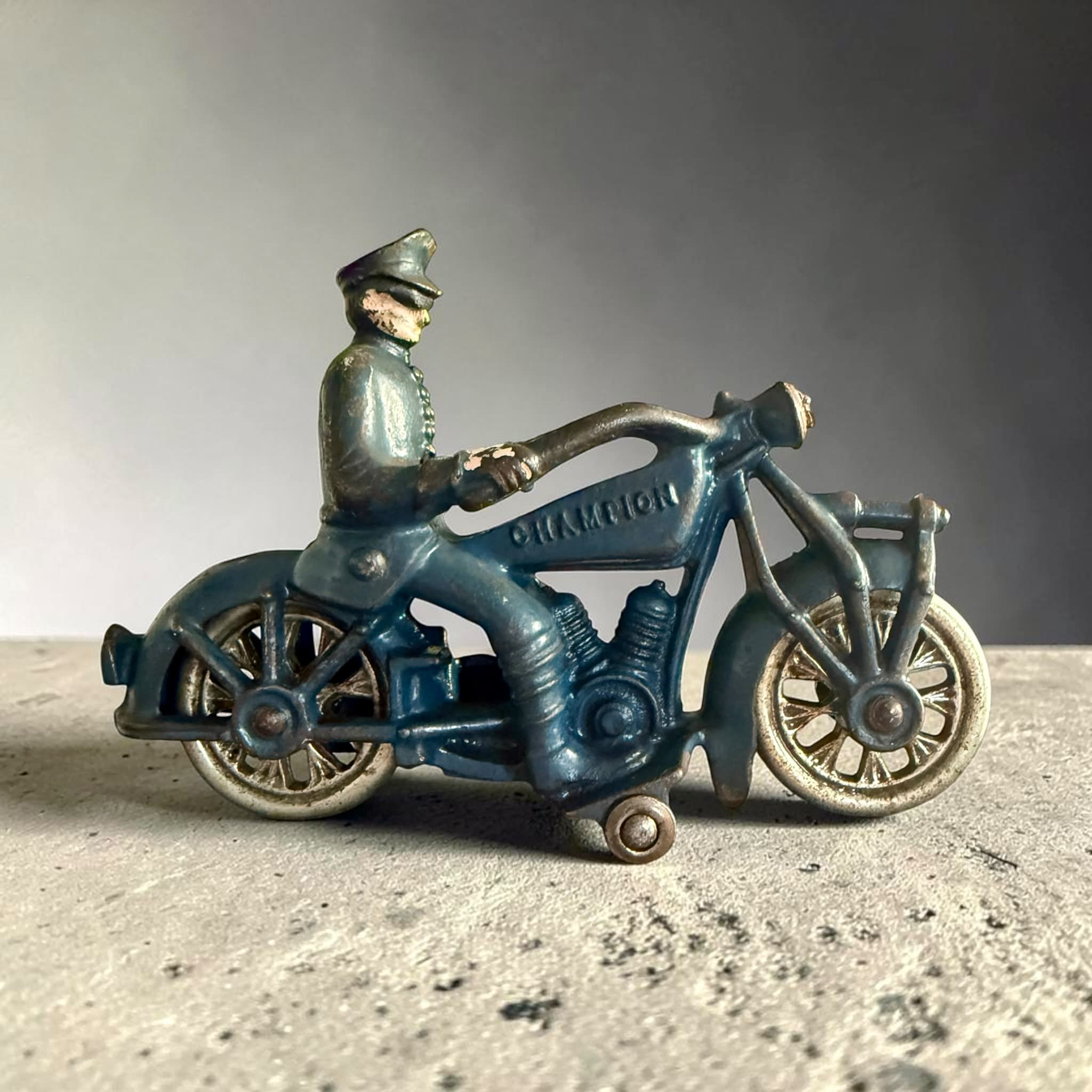 Rare 1930s Hubley cast iron motorcycle toys with Popeye driver