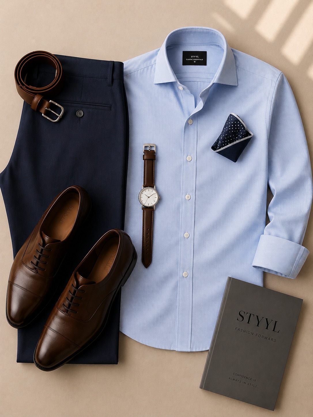 Refined details make all the difference. A light blue dress shirt, tailored navy trousers, and polished brown leather shoes deliver timeless elegance with modern confidence. 💙🤎
