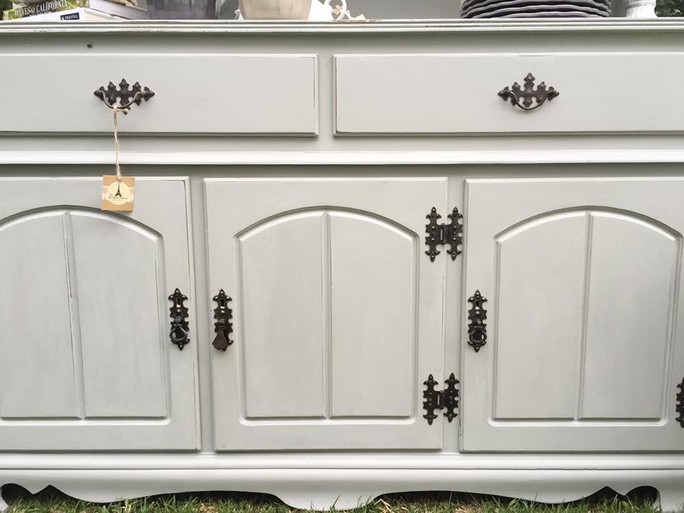annie sloan paris grey dresser is such a classic, timeless color. This Drexel has been refreshed and updated with this amazing color. #cottleandgunn #anniesloan #parisgrey #drexel #paintedfurniture #updated #timelessclassic #shoplocal paris grey paint
