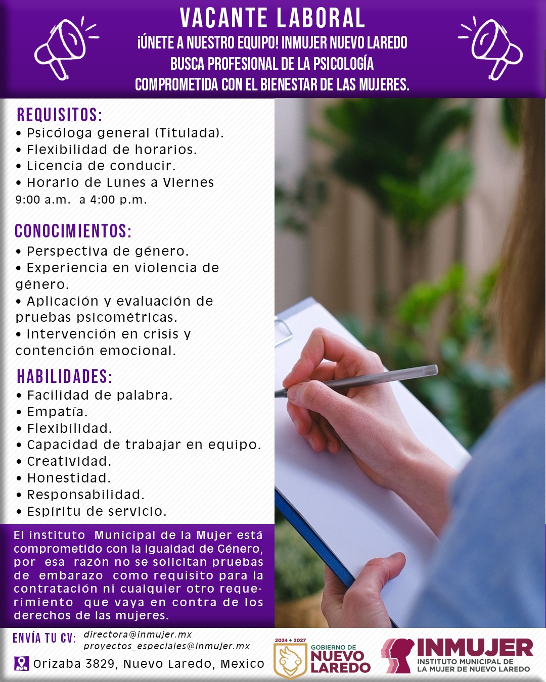 Inmujer - Si eres #Psicóloga y tienes un fuerte compromiso de servicio ...