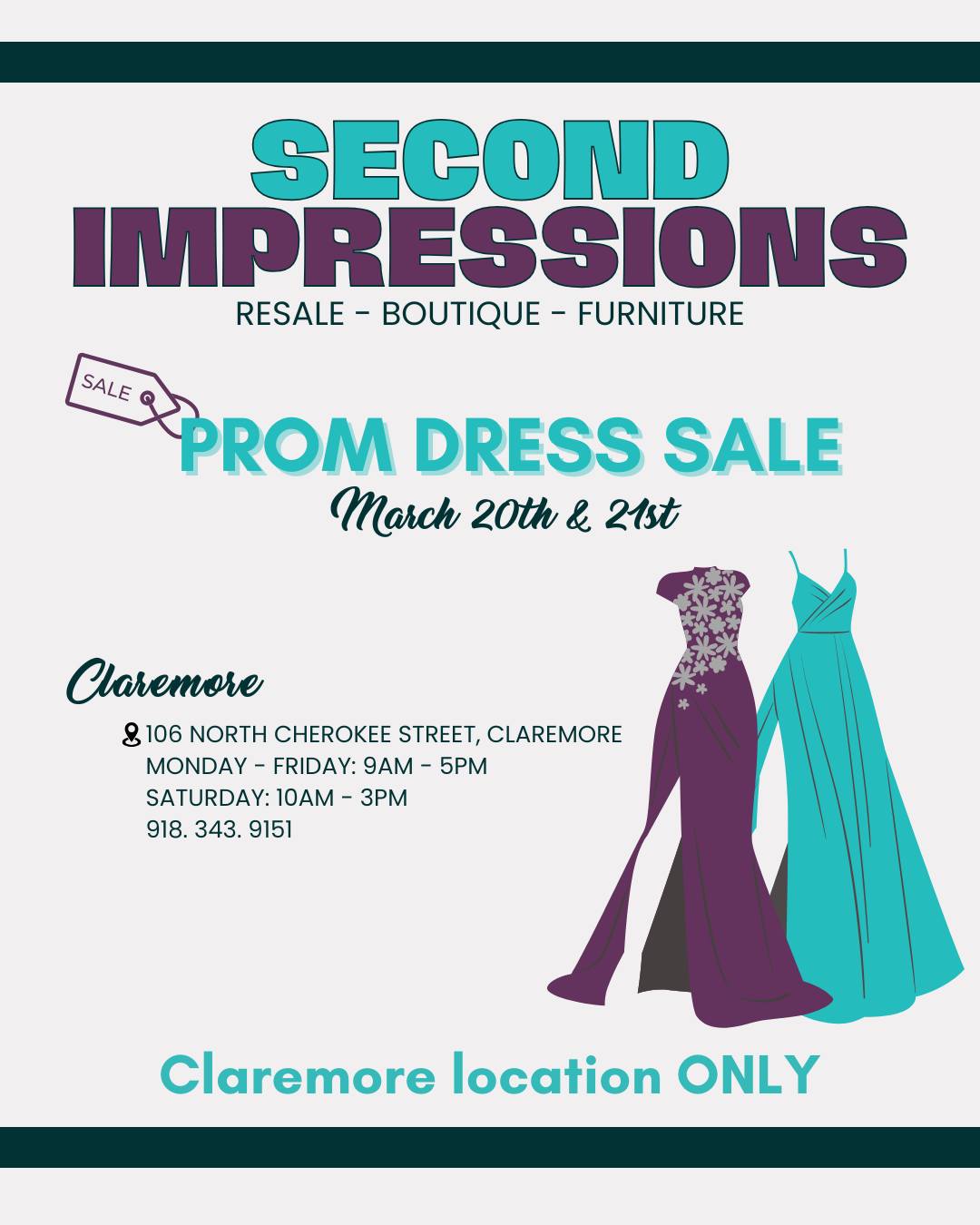 Today kicks off our SALE on prom dresses at Second Impressions in Claremore!! Don't pay an arm and a leg for a prom dress this year, shop secondhand! 💙💜
