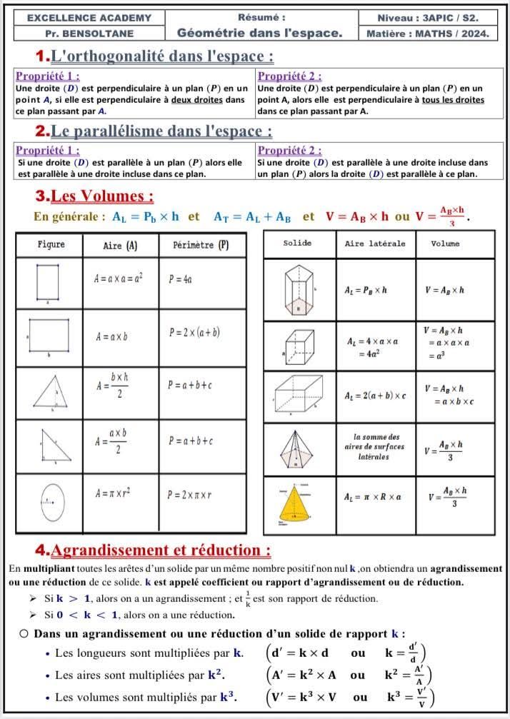 دروس - 🎁 Résumé : Géométrie dans l’espace . 🥇 Matière : MATHS ...