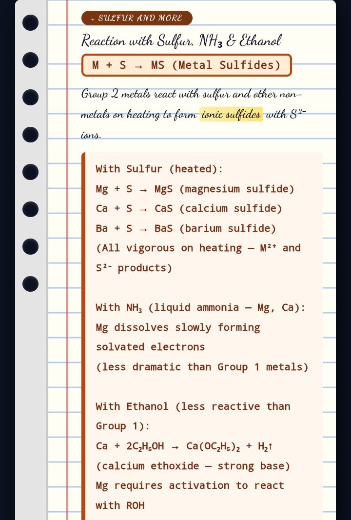 Chemical reactions of Group 2 elements with sulfur, ammonia, and ethanol