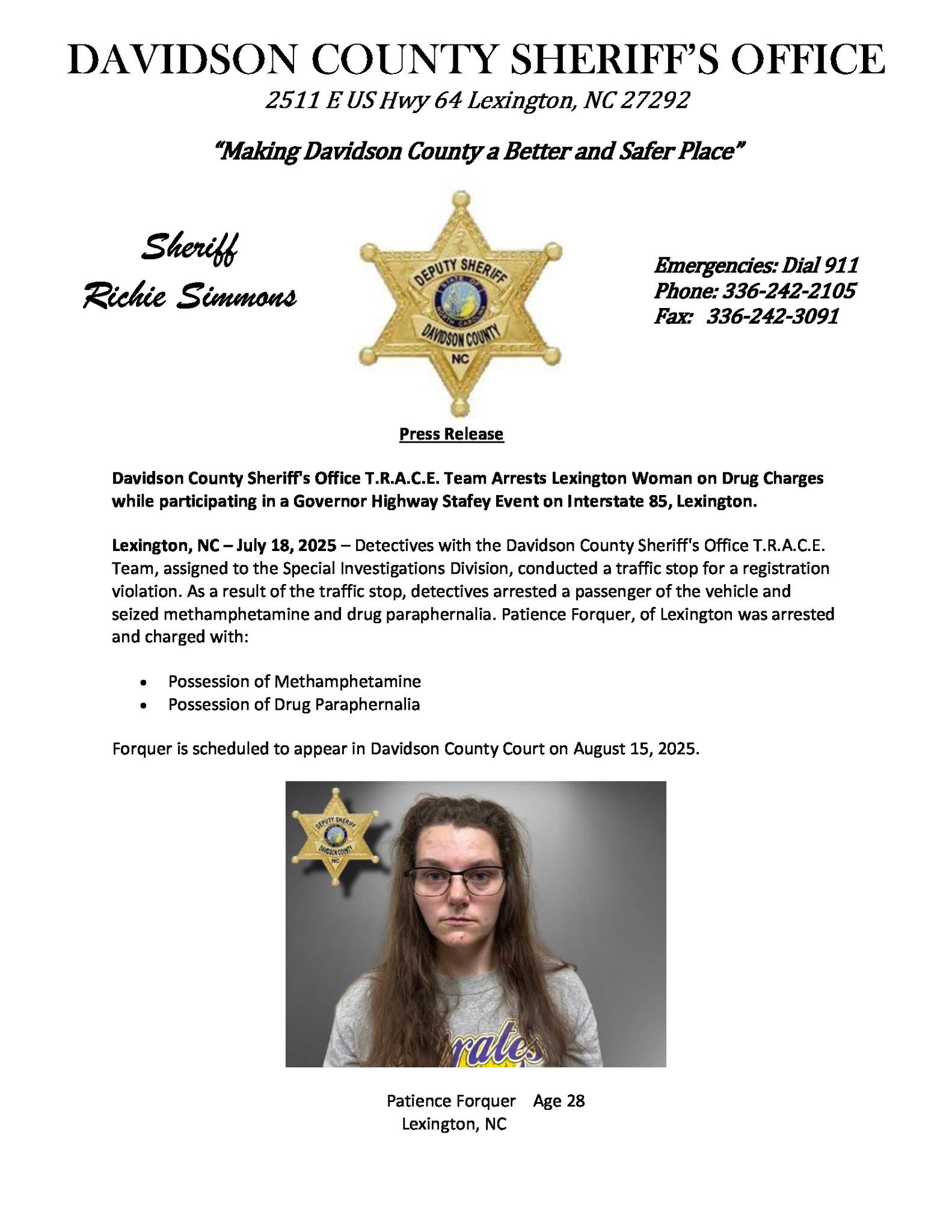 Davidson County Sheriff's Office T.R.A.C.E. Team Arrests Lexington Woman on  Drug Charges while participating in a Governor Highway Stafey Event on  Interstate 85, Lexington. Lexington, NC – July 18, 2025 – Detectives
