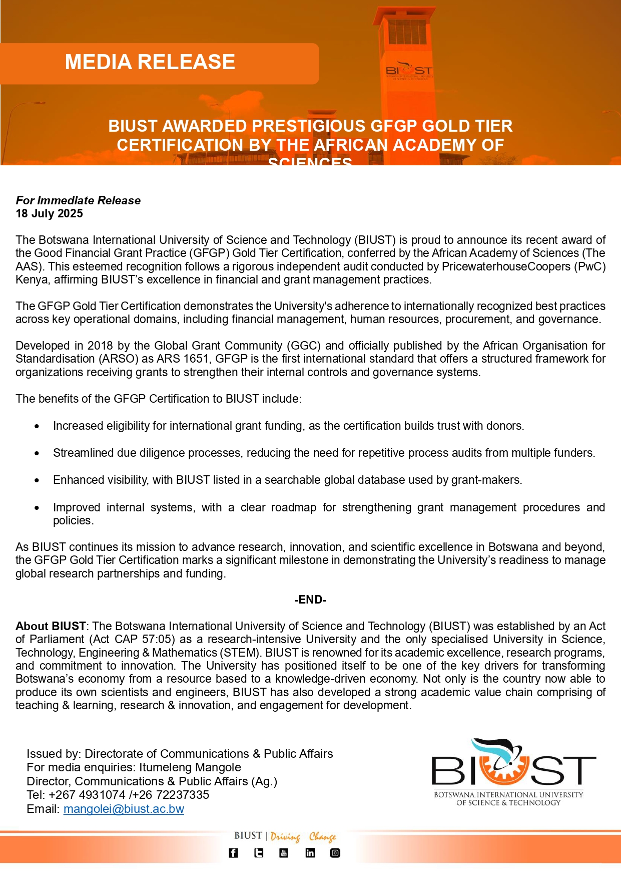 Botswana - 𝗕𝗜𝗨𝗦𝗧 𝗘𝗮𝗿𝗻𝘀 𝗣𝗿𝗲𝘀𝘁𝗶𝗴𝗶𝗼𝘂𝘀 𝗚𝗙𝗚𝗣 𝗚𝗼𝗹𝗱 𝗧𝗶𝗲𝗿 𝗖𝗲𝗿𝘁𝗶𝗳𝗶𝗰𝗮𝘁𝗶𝗼𝗻! BIUST ...