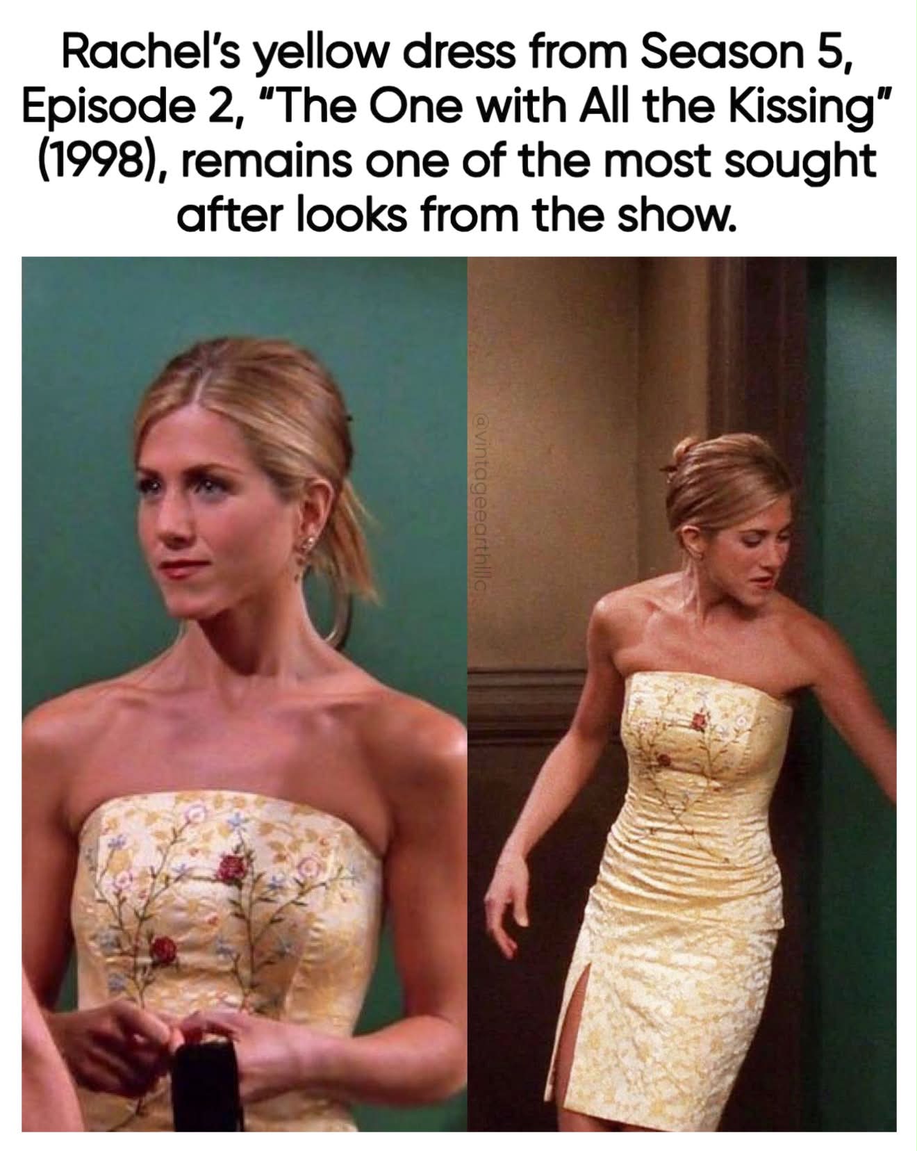rachel green yellow embroidered dress The strapless Jennifer Aniston wore in 'Friends' Season 5, Episode 2, “The One with All the Kissing” (1998), remains one of the show's most sought after fashion moments. Acclaimed rachel green dresses