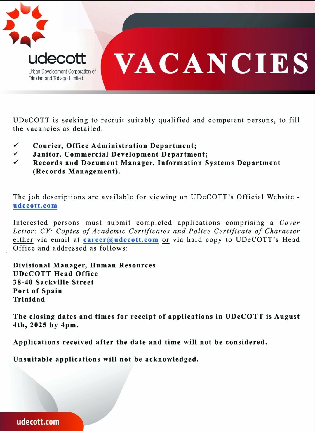 Vacancy! 📌Courier - Office Administration 📌Janitor - Commercial ...