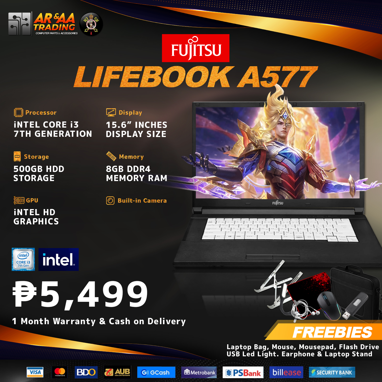 LAPTOP FUJITSU LIFEBOOK A577 INTEL CORE I3 8GB DDR4 500GB HDD (7th