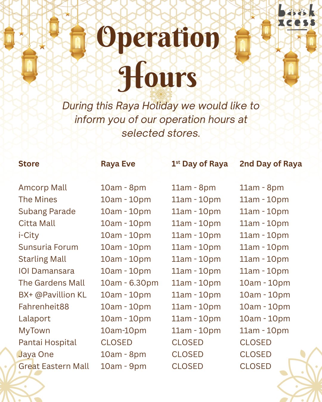 BookXcess - 📢 Hari Raya Operating Hours Announcement! In celebration of ...