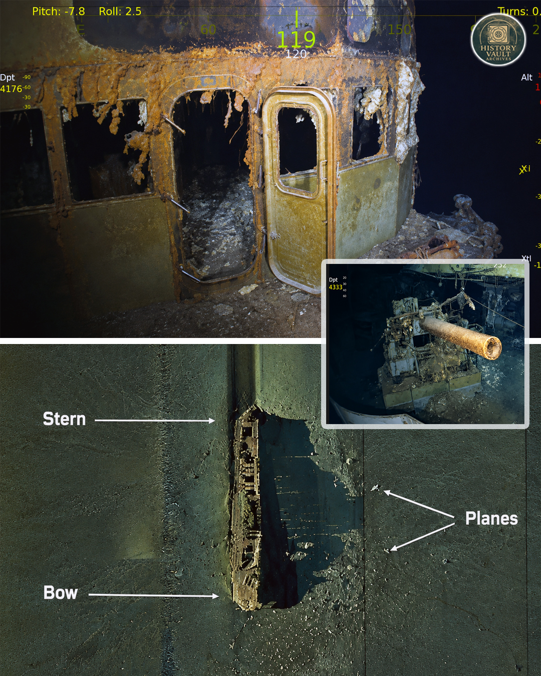 Pictures from the wreck of USS Wasp CV-7, which was sunk by