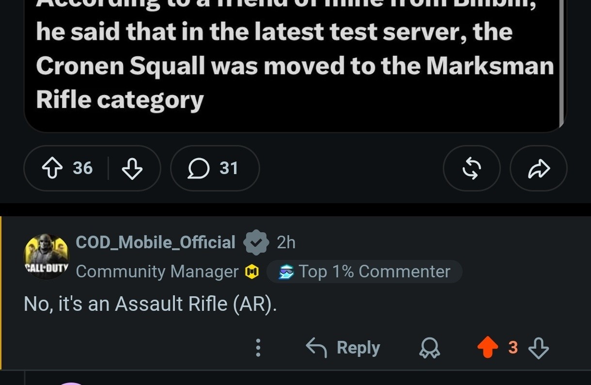 According to CODM Reddit Social, Cronen Squall is under Assault