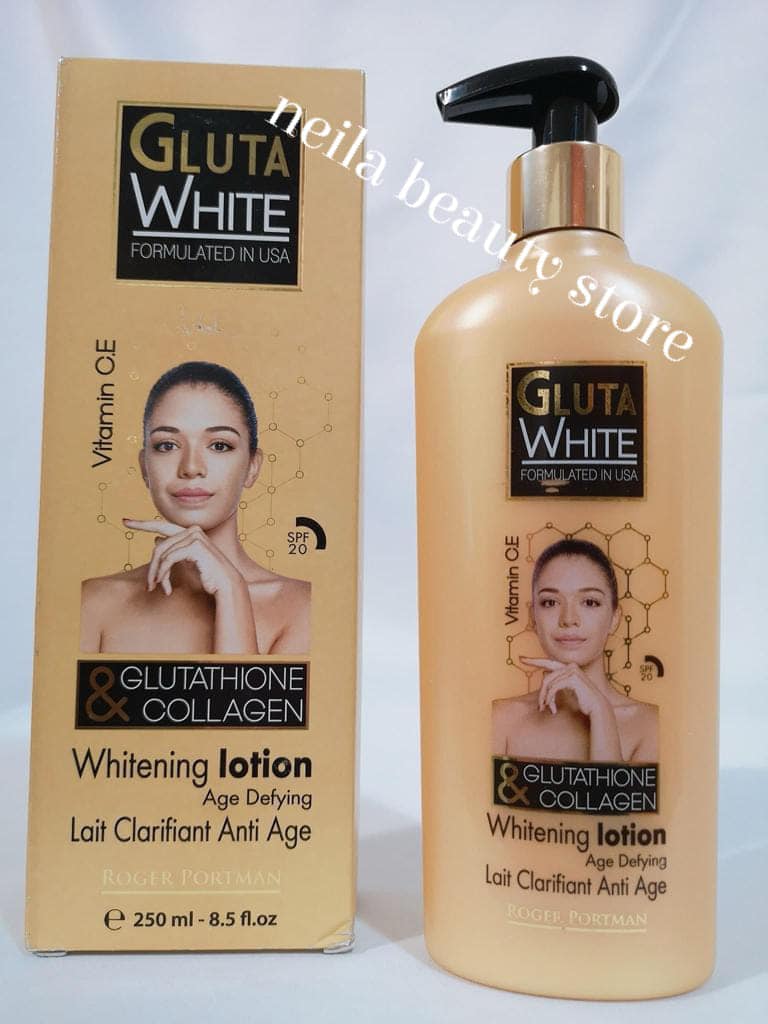 Gluta white glutathione & collagen lotion. Whitening lotion Age defying. Formulated with double actives Glutathione & collagen, gluta white clarifying lotion, moisturizes, tonifies and repairs your skin. It minimizes skin impurities, discolorations