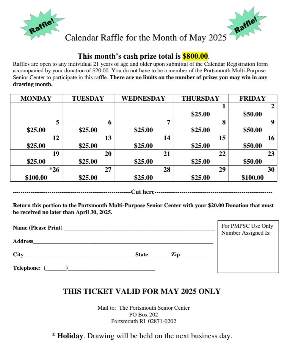 Portsmouth Senior Center - Calendar Raffle for the Month of May 2025 is ...
