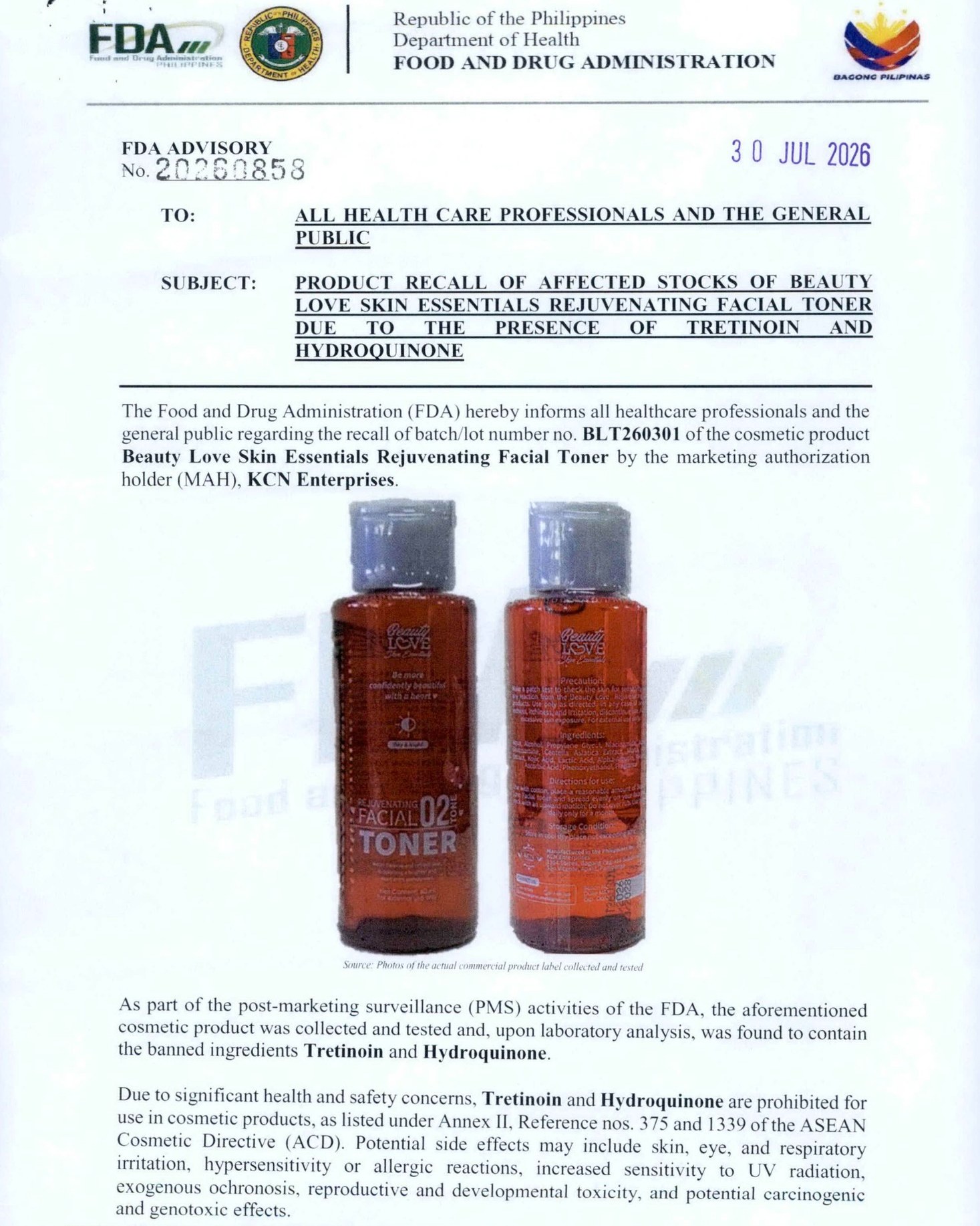 LOOK: The Food and Drug Administration (FDA) has ordered the recall of two facial toner products after laboratory findings showed they contain prohibited ingredients that could pose health risks to consumers. In