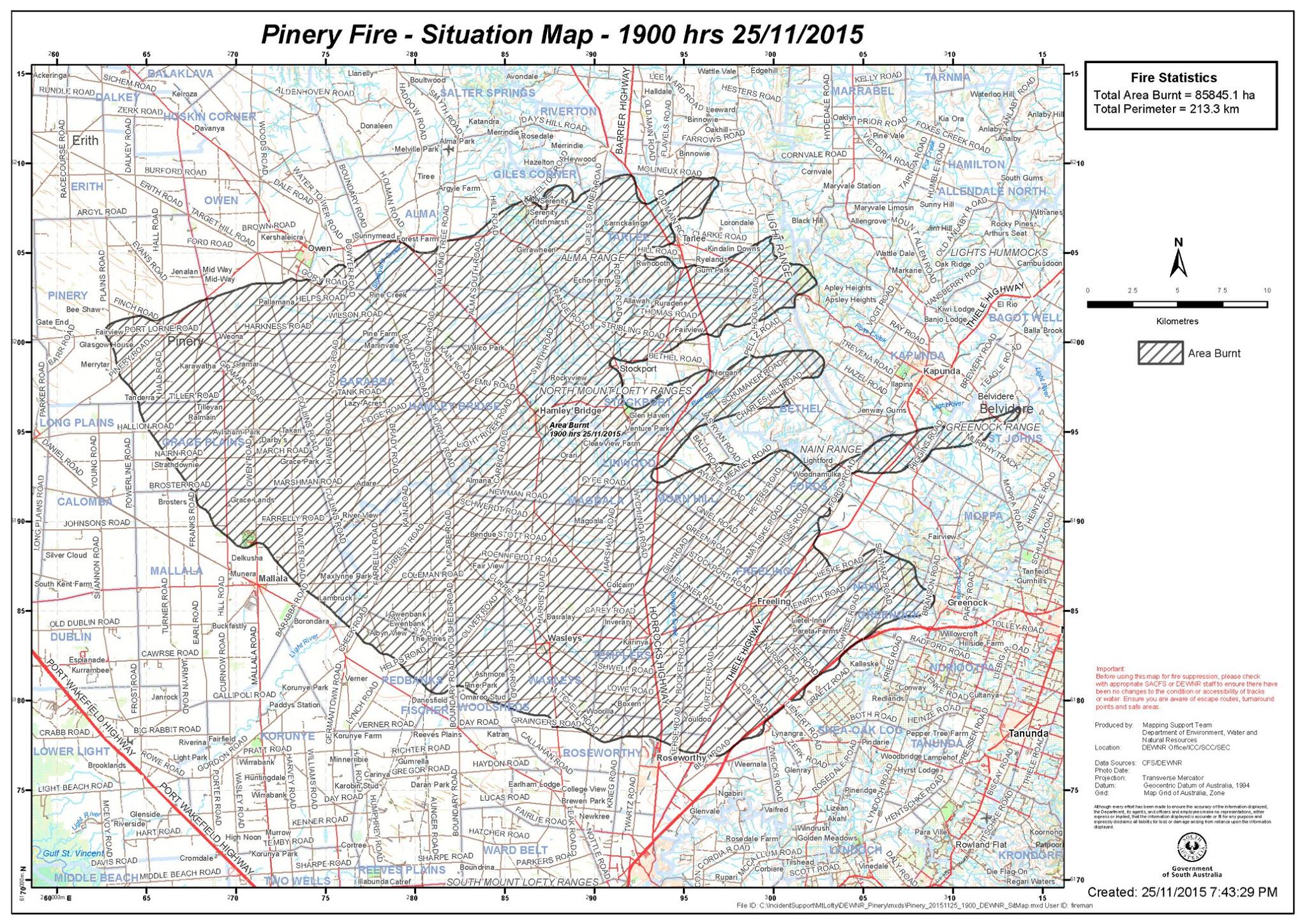 SA Country Fire Service - Pinery Fire Map at at 1900 25 Nov 2015- hi ...