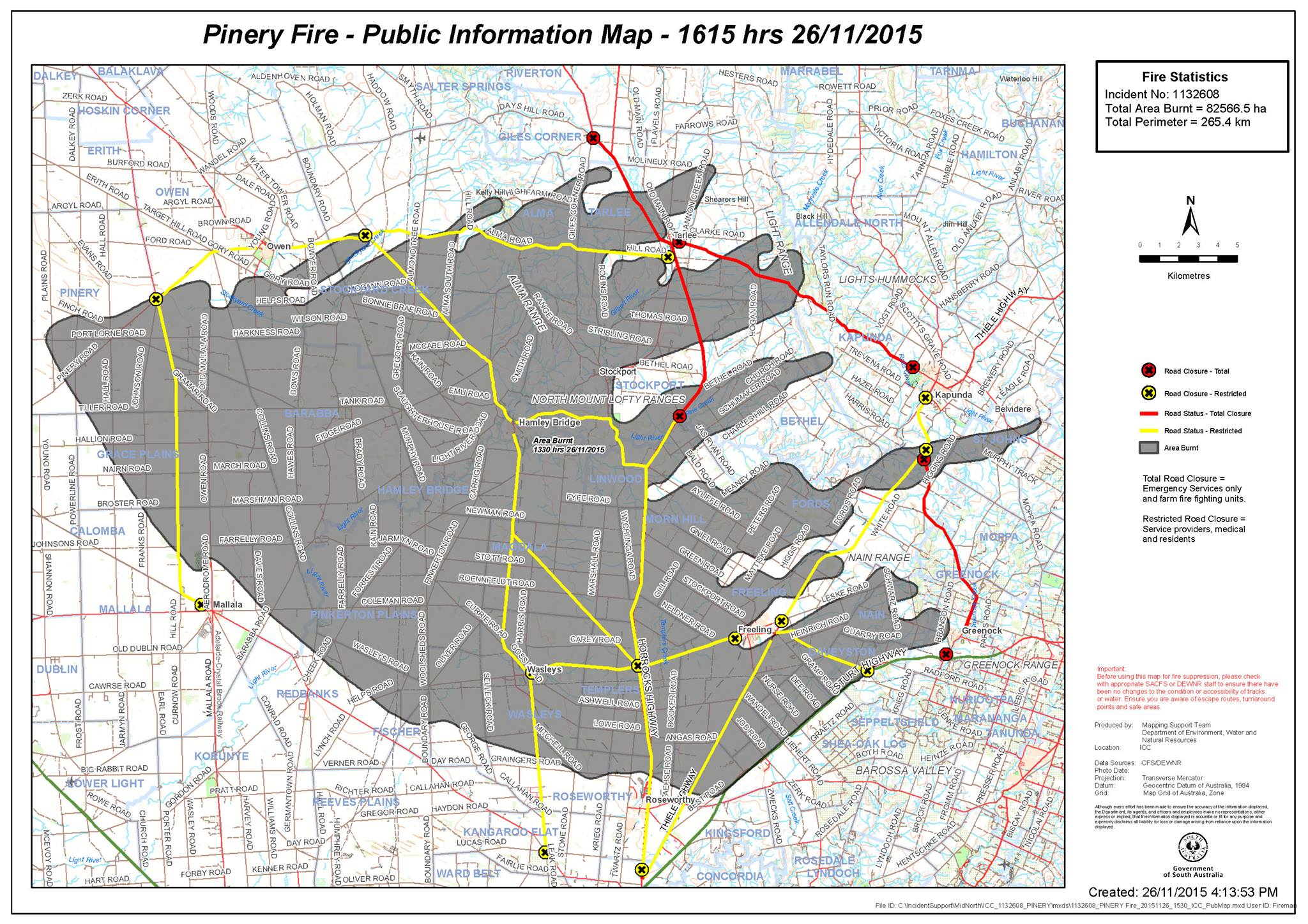 SA - Pinery Fire Map as at 1615 26-11-15. Hi res version available at ...