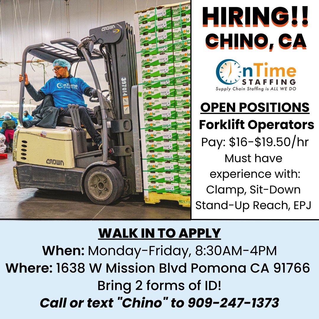 Forklift operator jobs in Chino, CA