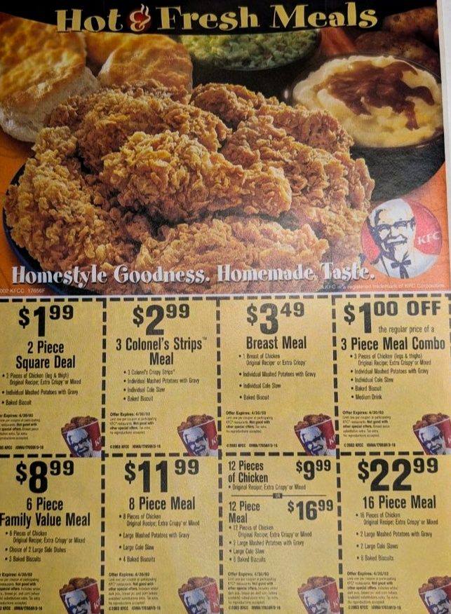 Vintage KFC coupon sheet features original Chicken Littles