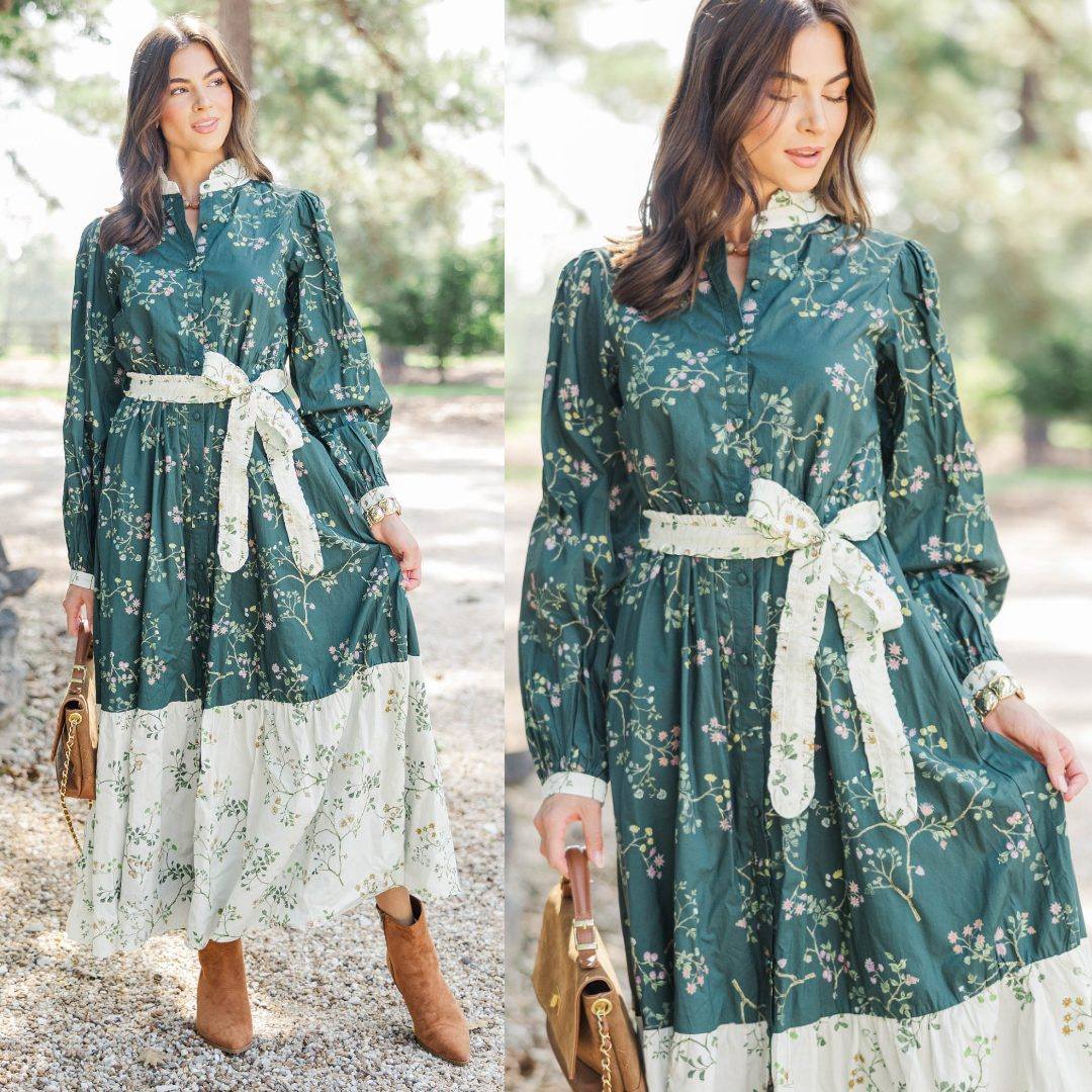 emerald green and cream dress make such a beautiful pairing for the season. 💚 The delicate botanical print, contrast trim, and self-tie waist add beautiful detail to this flowing maxi silhouette. Wear it Color:Blue Slow Cooker Creamy Ranch menu: jr/barijay Corset gown 42.5 inches or 105